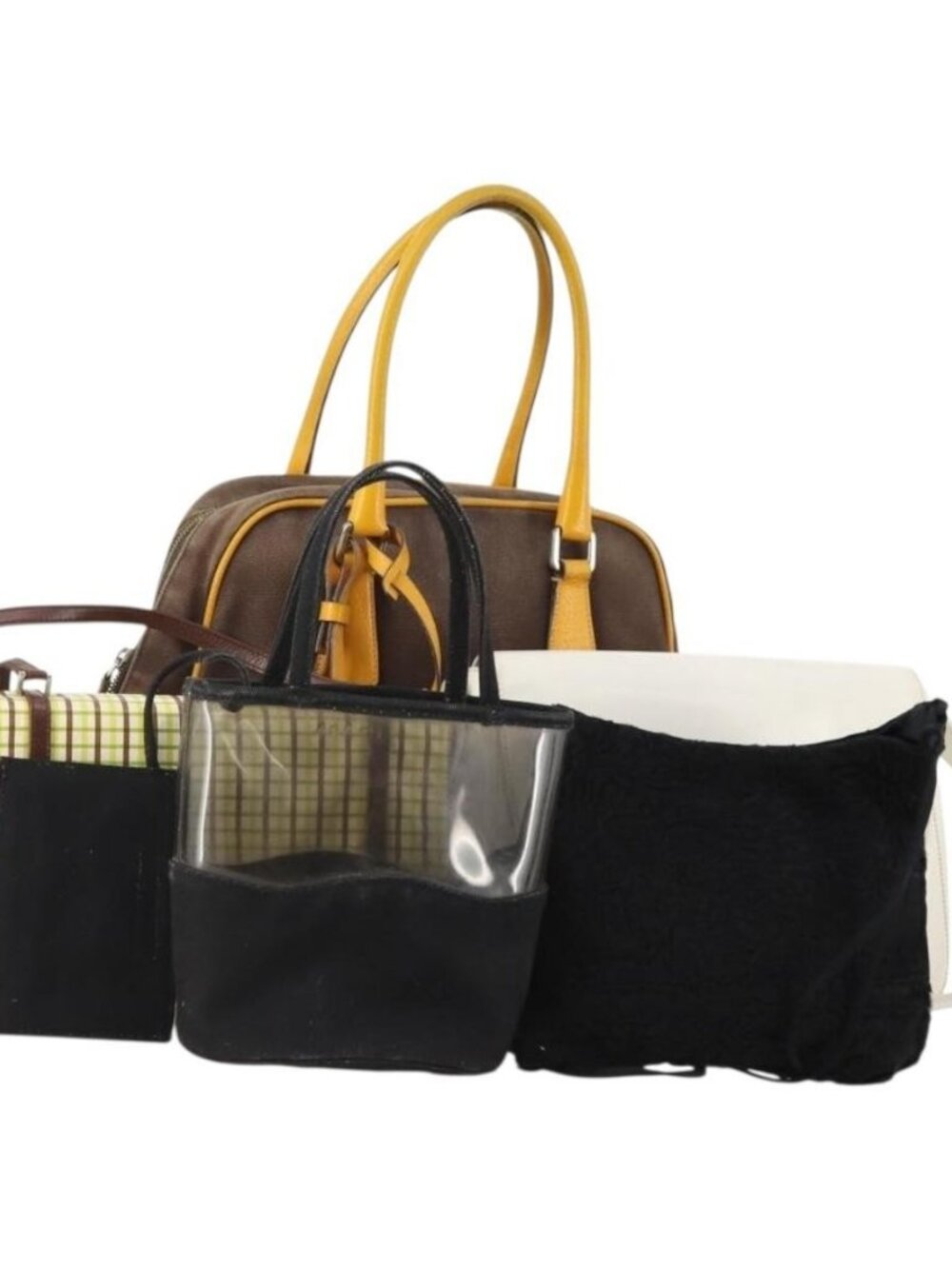 PRADA Shoulder Bag Canvas Leather 5 Set Black White Brown Auth 174978